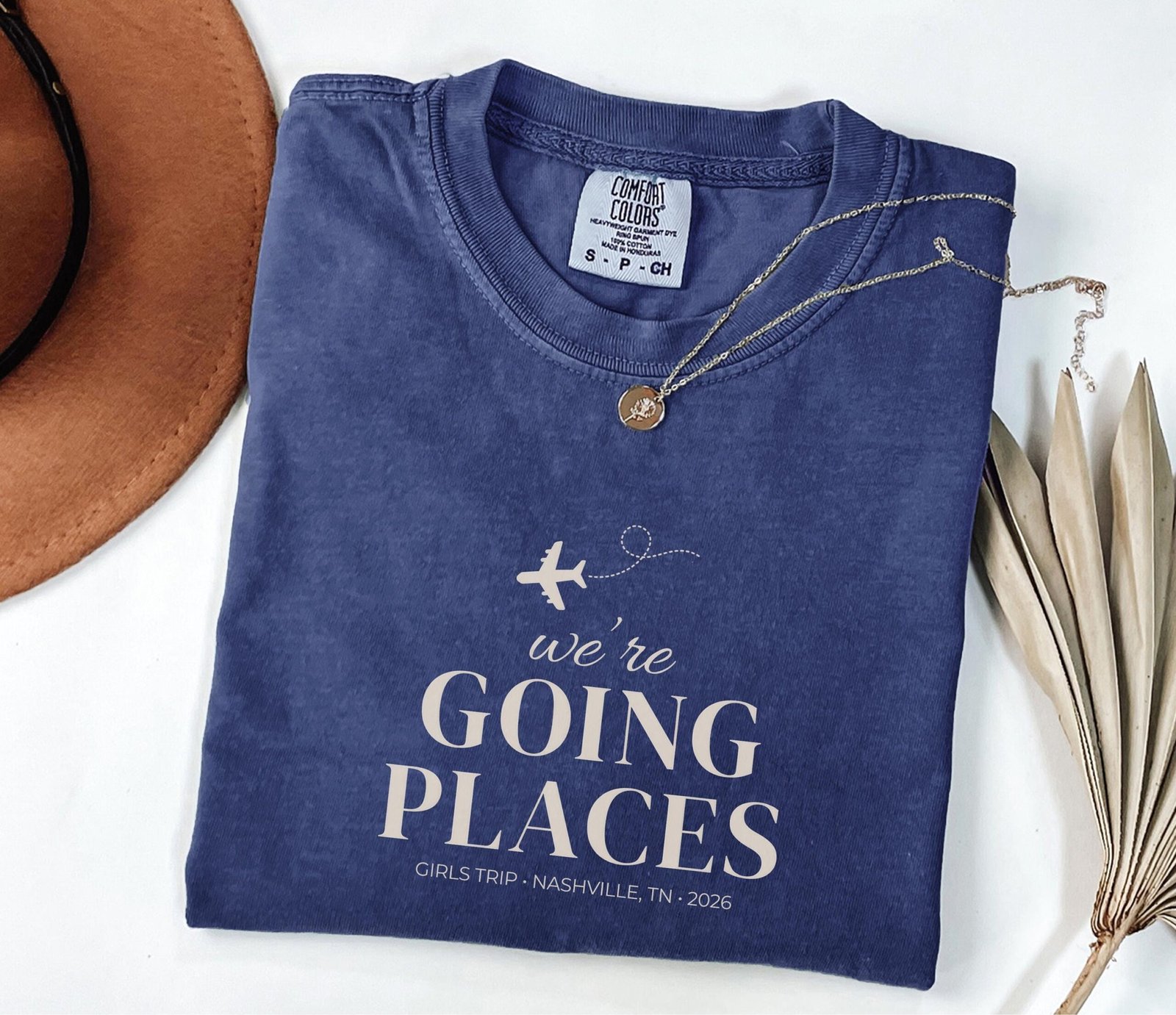 custom vacation shirt mockup photo. Comfort Colors Tee in true navy color.