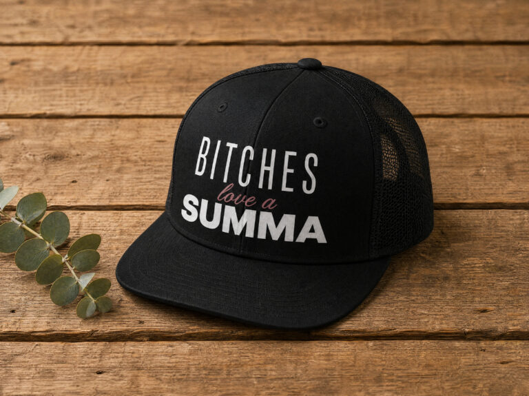 bitches love a summa design on a black on black trucker cap