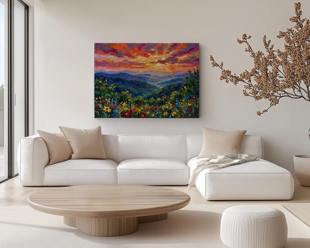 Blue Ridge Mountains Canvas Wall Art showing layered mountain ridges, foreground wildflowers, and a sunset sky in a horizontal canvas display.