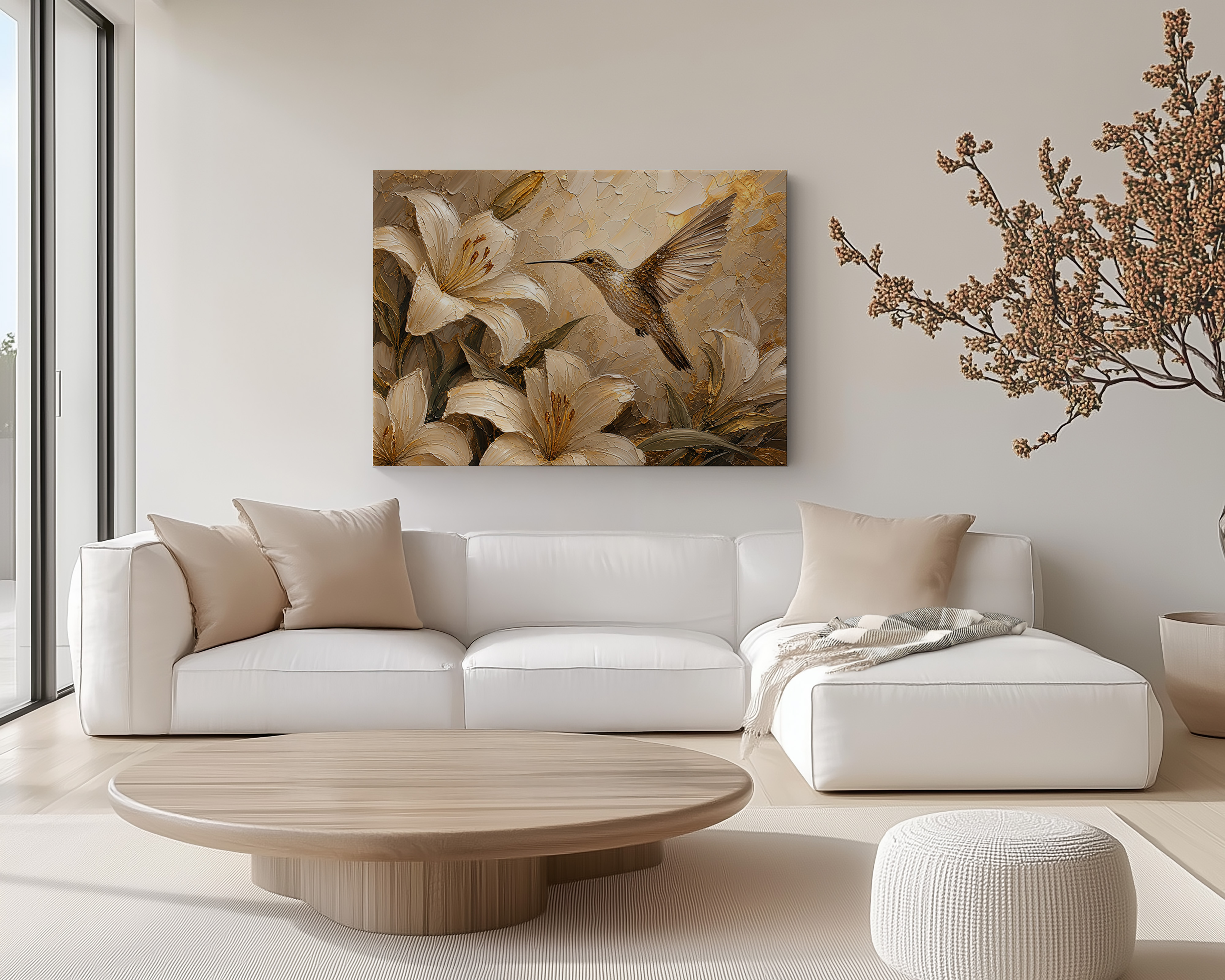 Featured product mockup showing Hummingbird Canvas Wall Art as a stretched printed canvas with a floral bird design.