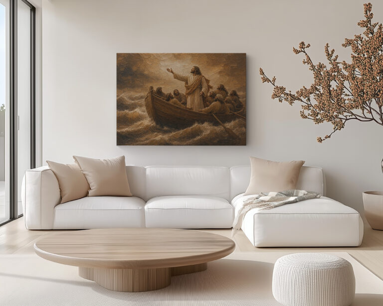 Featured product mockup showing Jesus Calming the Storm Canvas Wall Art displayed on a wall.