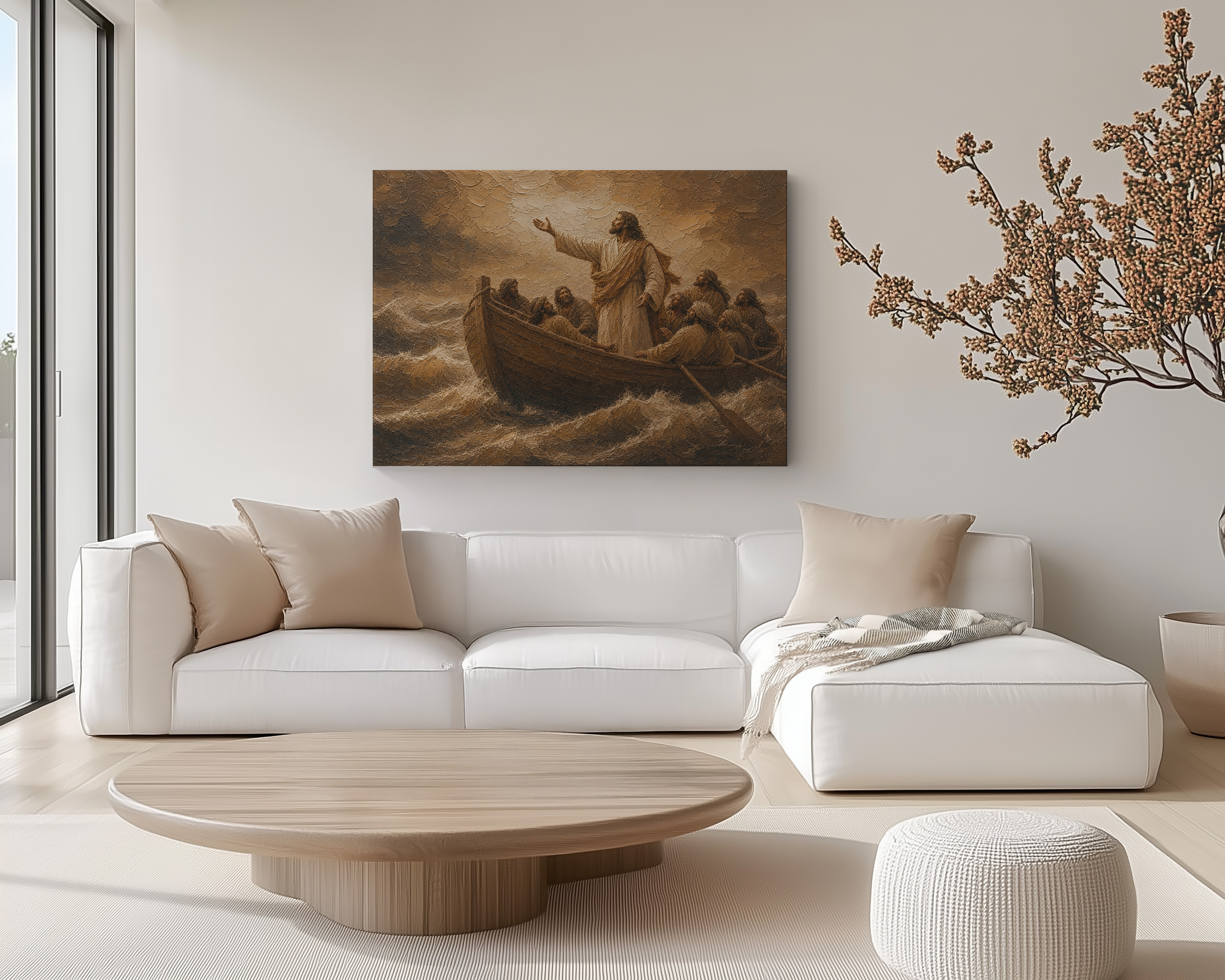 Featured product mockup showing Jesus Calming the Storm Canvas Wall Art displayed on a wall.