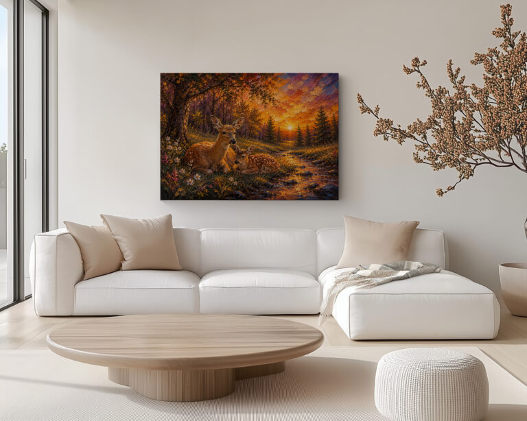 Doe and Fawn Canvas Wall Art in a horizontal canvas format featuring a doe and fawn resting in a warm woodland creek scene.