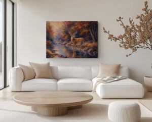 Autumn Buck Canvas Wall Art shown as a horizontal stretched canvas featuring a deer in an autumn woodland creek scene.