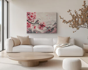 Cherry blossom bird canvas wall art featuring a white bird among pink blossoms and soft mountains