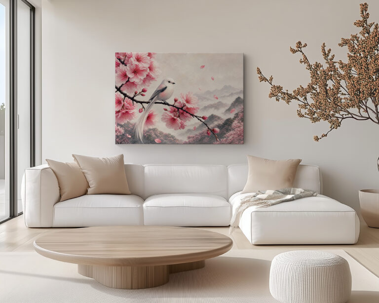 Cherry blossom bird canvas wall art featuring a white bird among pink blossoms and soft mountains
