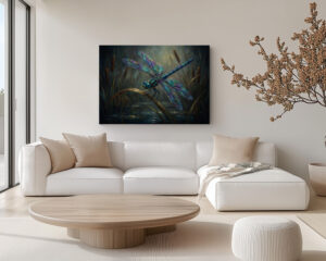 Dragonfly canvas wall art featuring an iridescent dragonfly above a moody pond