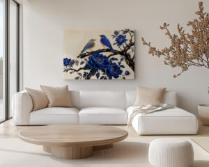 Bluebird Chinoiserie canvas wall art with cobalt blue florals