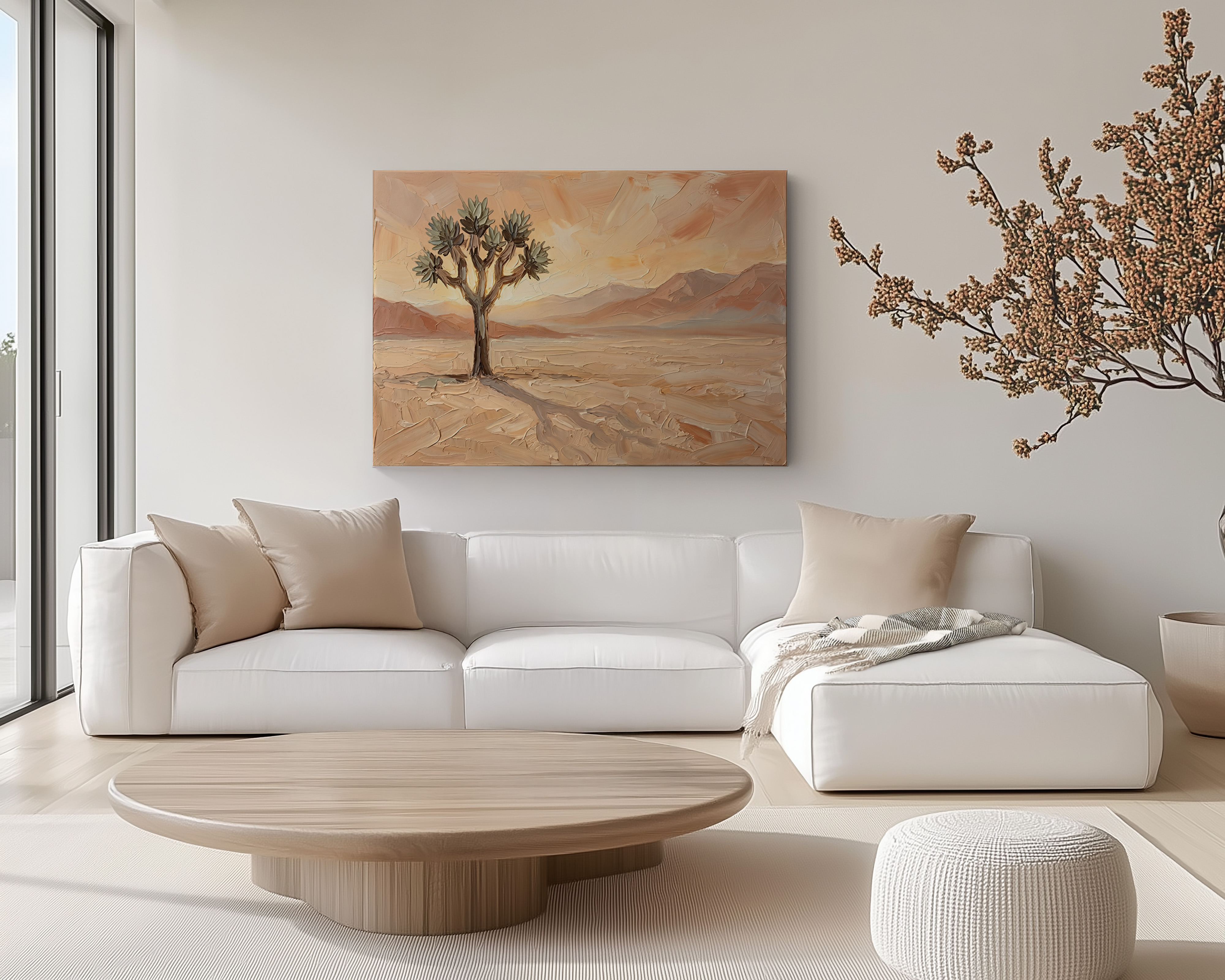 Joshua Tree canvas wall art with warm desert landscape and sunset