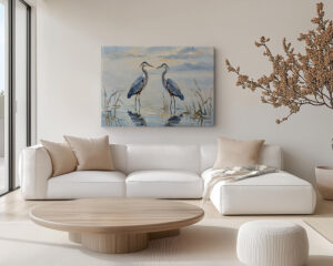 Great Blue Heron canvas wall art featuring two coastal birds at golden hour