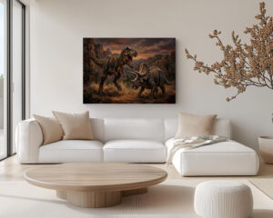 Dinosaur canvas wall art featuring a T-Rex vs Triceratops battle