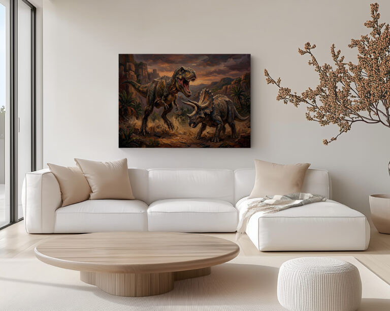 dinosaur canvas wall art showing a T. rex and Triceratops confrontation in a rocky landscape with plants and a cloudy sky.