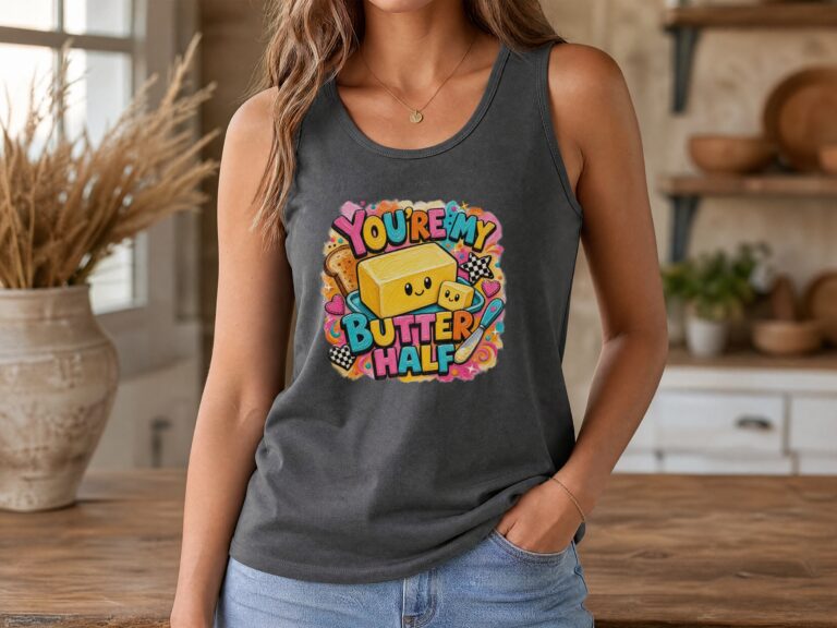 Butter half tank top — Dark gray charcoal tank top with a centered colorful “YOU'RE MY BUTTER HALF” butter-themed illustration.