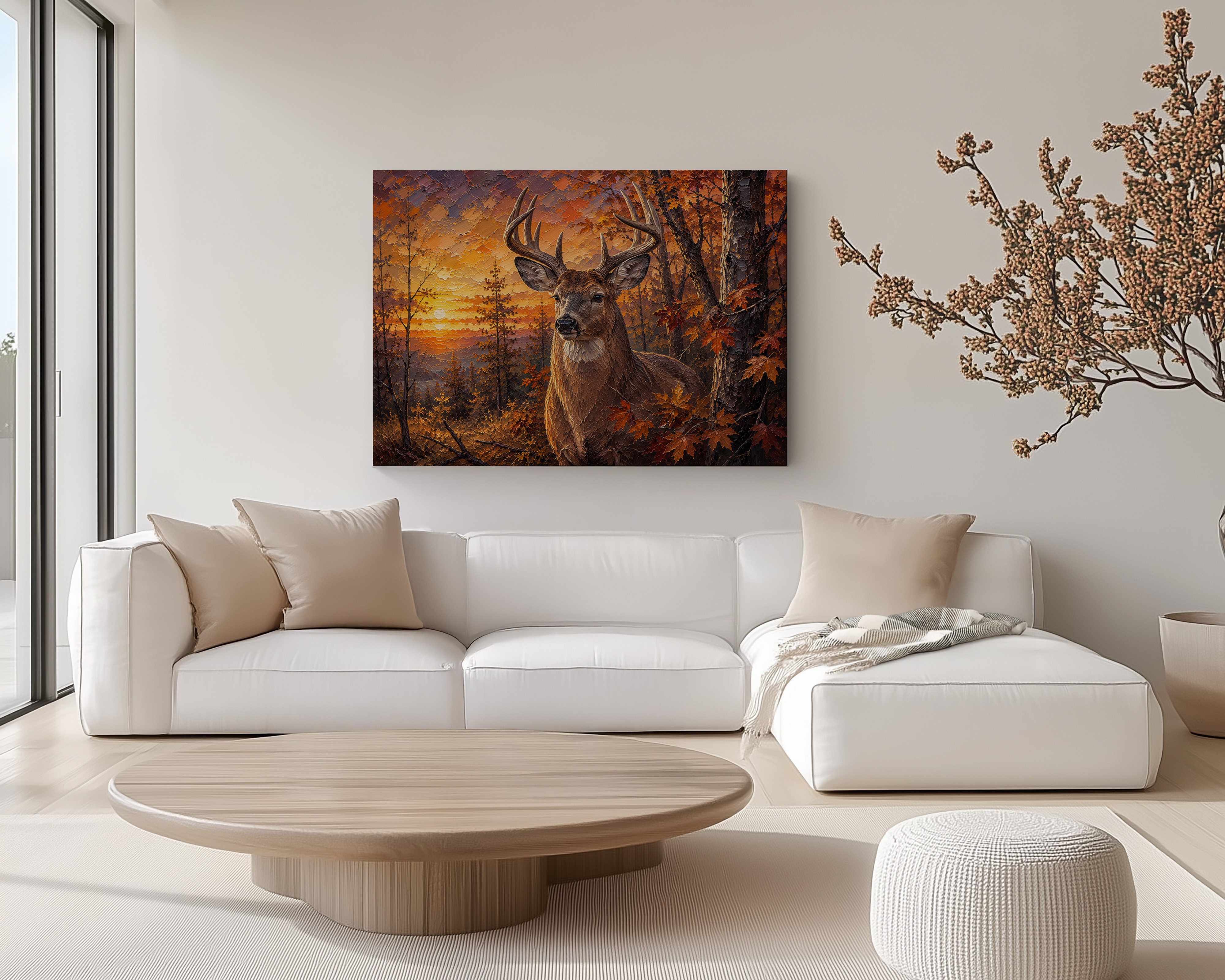 Horizontal Rustic Deer Canvas Wall Art mockup featuring a buck among autumn trees, displayed as a gallery-wrapped canvas.