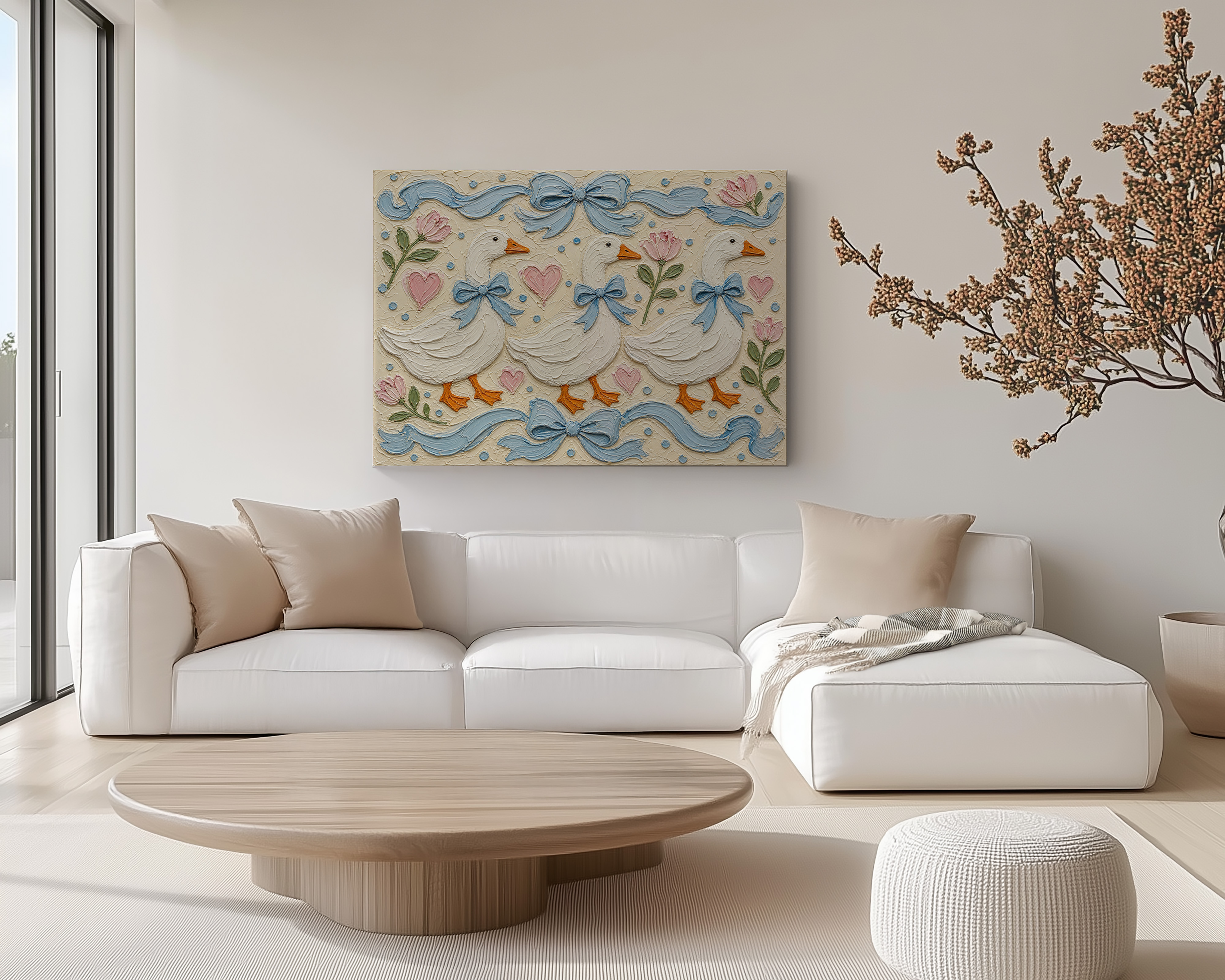 Default mockup of Vintage Goose Canvas Wall Art featuring three geese with blue bows and floral details on a horizontal canvas.