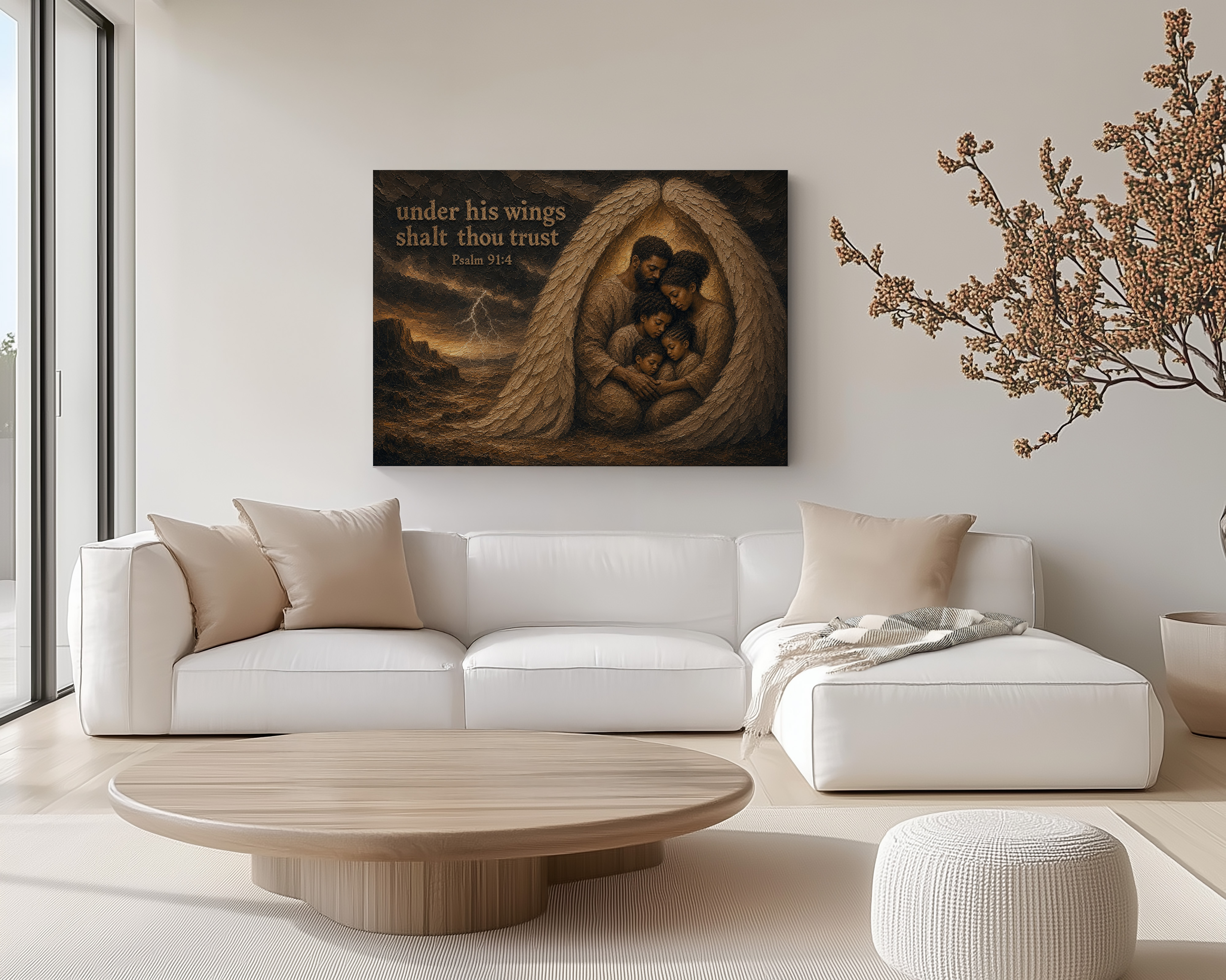 Psalm 91 canvas wall art showing five people beneath large feathered wings in a dark stormy landscape with lightning.