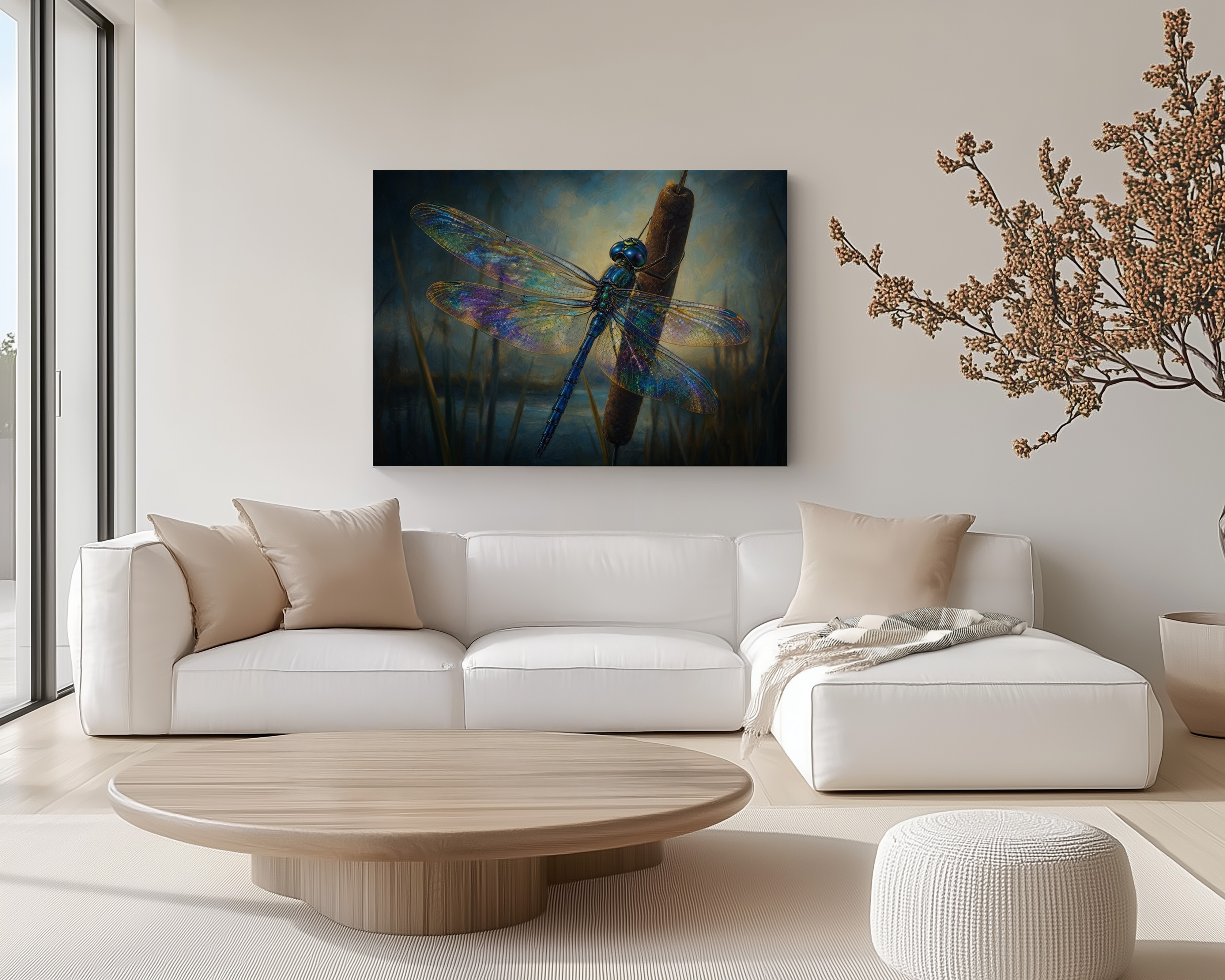 Featured product mockup of Dragonfly Canvas Wall Art with a jewel-toned dragonfly on a cattail above a moody waterscape.