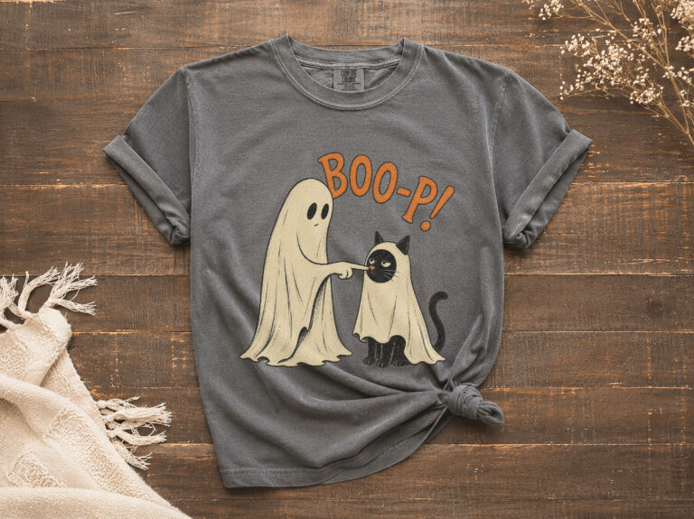 Front view of a ghost cat t-shirt featuring BOO-P! and a vintage-inspired distressed print.