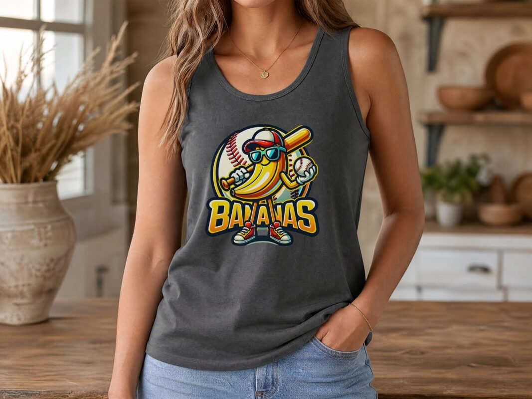 Cropped model wearing a dark gray banana baseball tank top with a colorful cartoon banana player on the front.