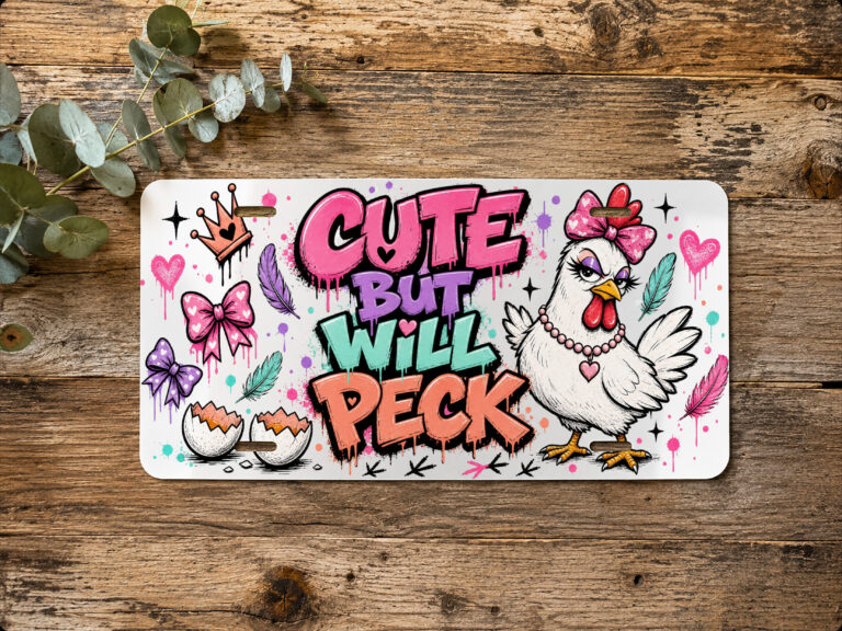 Horizontal chicken coop vanity plate with the phrase CUTE BUT WILL PECK and a colorful illustrated chicken on a white front.