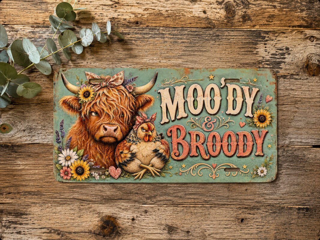 MOO'DY & BROODY Highland cow vanity plate with a hen, floral accents, and four mounting slots.