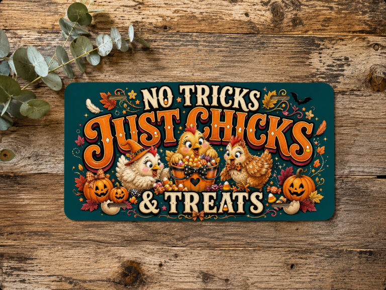 Halloween chicken vanity plate with chicks, bats, pumpkins, candy, and the phrase No Tricks Just Chicks & Treats.