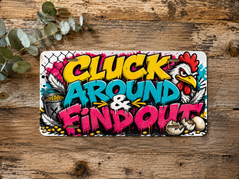 Horizontal funny chicken coop sign vanity plate featuring the phrase “Cluck Around & Find Out” and a chicken-themed graphic.