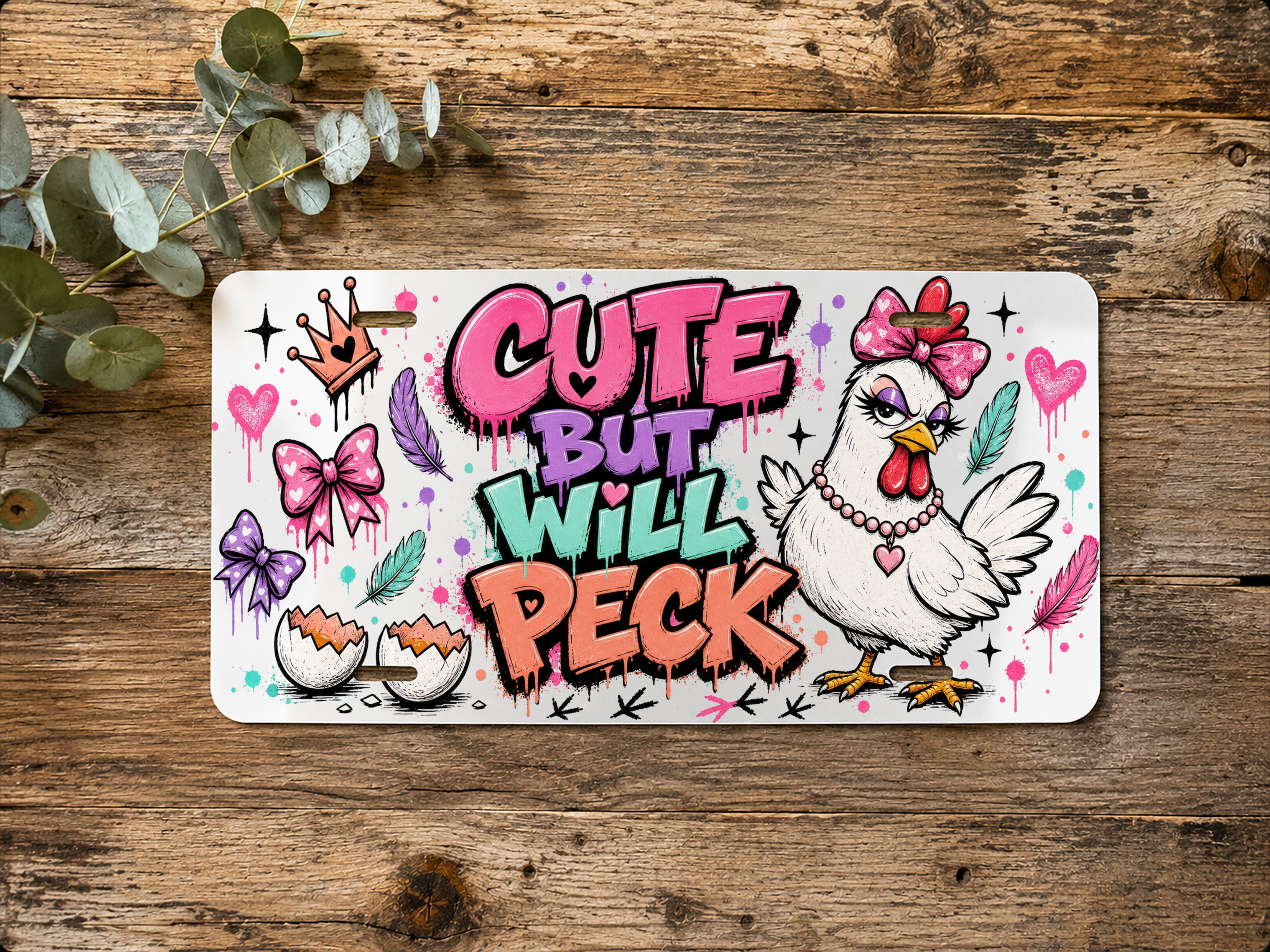 Horizontal cute chicken vanity plate with an illustrated white hen and “CUTE BUT WILL PECK” artwork on a white background.