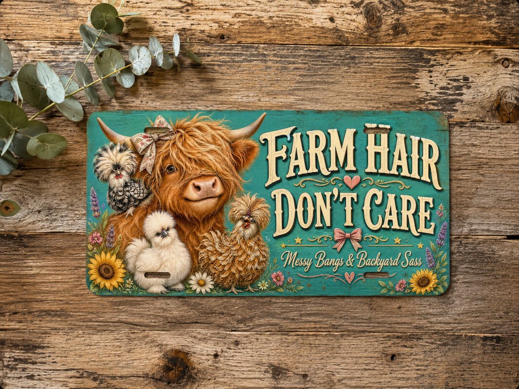 Horizontal farm hair don't care license plate with a Highland cow, chickens, flowers, and four mounting slots.