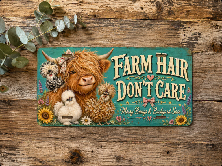 Horizontal farm hair don't care license plate with a Highland cow, chickens, flowers, and four mounting slots.