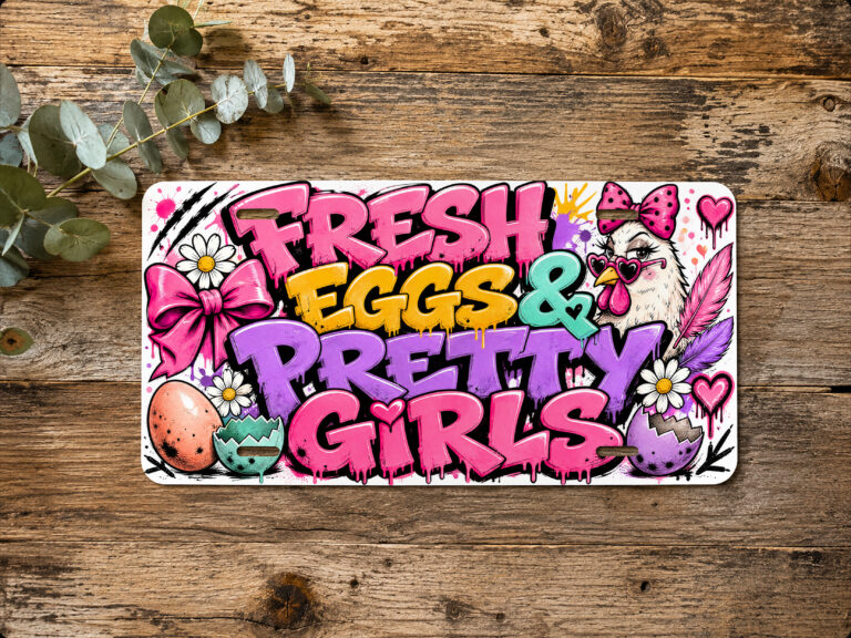 Horizontal chicken coop sign featuring an illustrated chicken, eggs, bows, hearts, flowers, and the Fresh Eggs & Pretty Girls phrase.