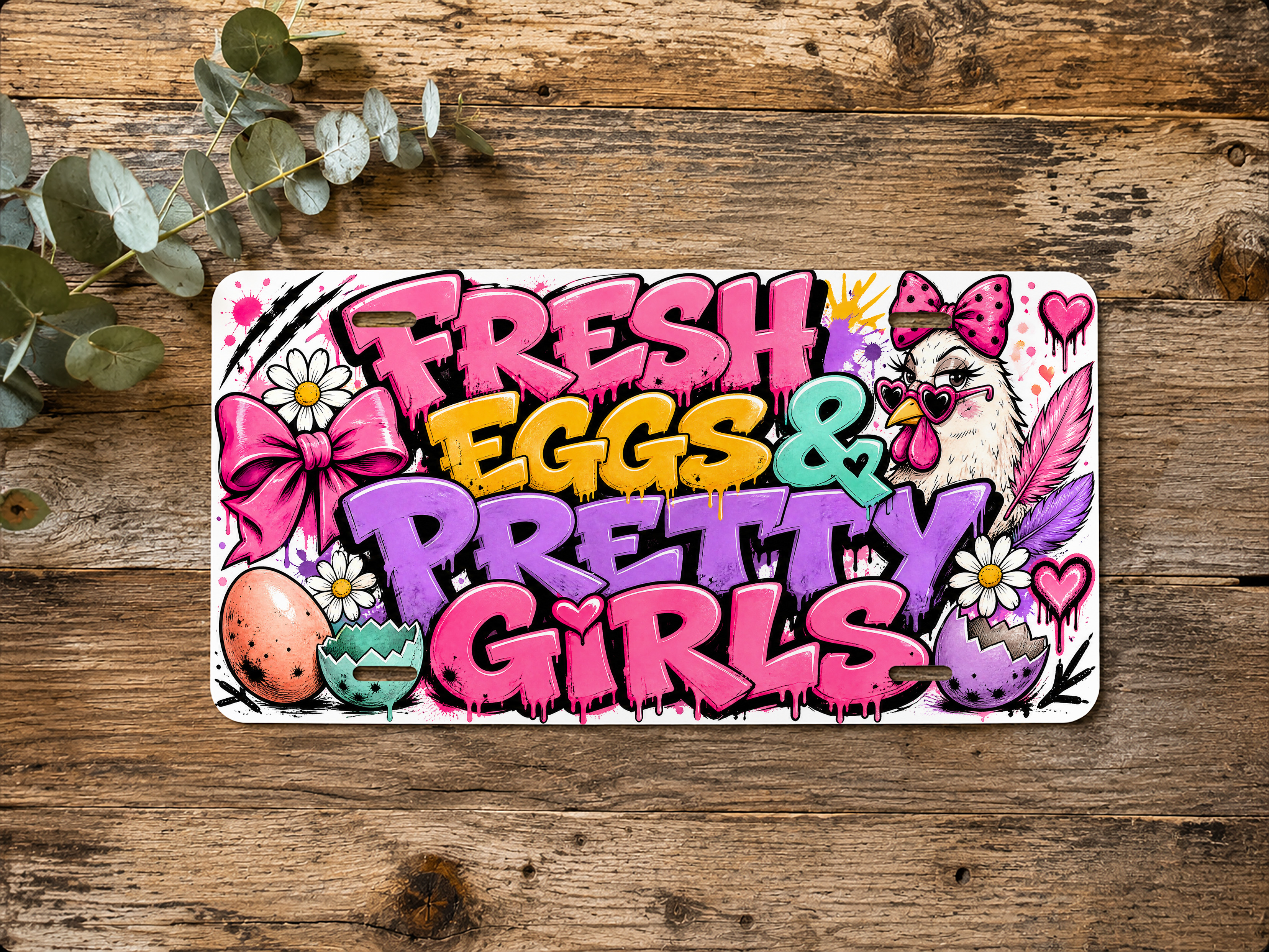 Horizontal chicken coop sign featuring an illustrated chicken, eggs, bows, hearts, flowers, and the Fresh Eggs & Pretty Girls phrase.