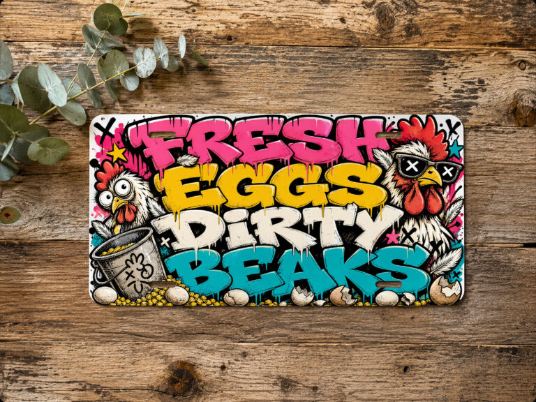 Horizontal chicken vanity plate with illustrated chickens and a Fresh Eggs Dirty Beaks egg-themed graphic.