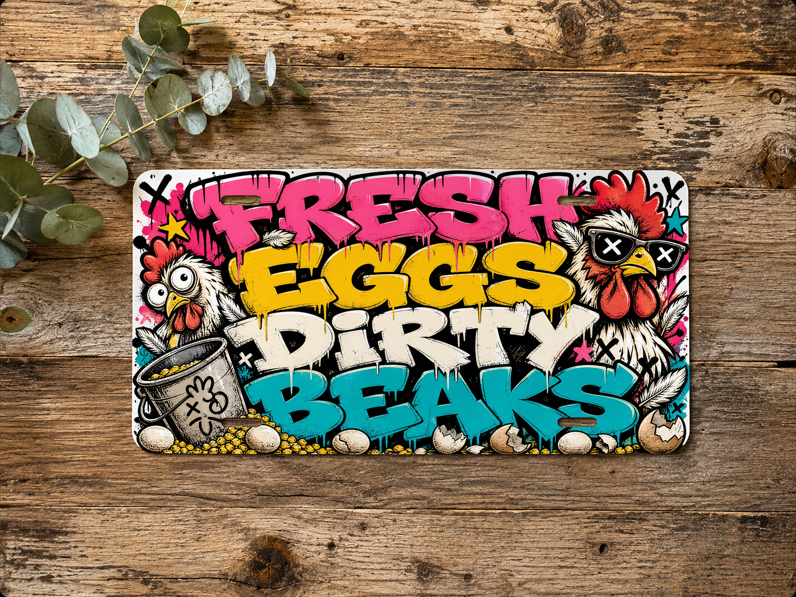 Horizontal chicken vanity plate with illustrated chickens and a Fresh Eggs Dirty Beaks egg-themed graphic.