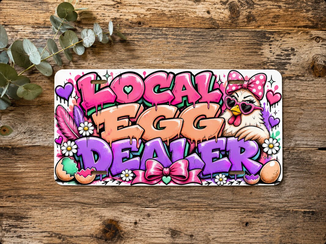 Featured Local Egg Dealer vanity plate with a sunglass-wearing hen, eggs, and colorful typographic artwork.