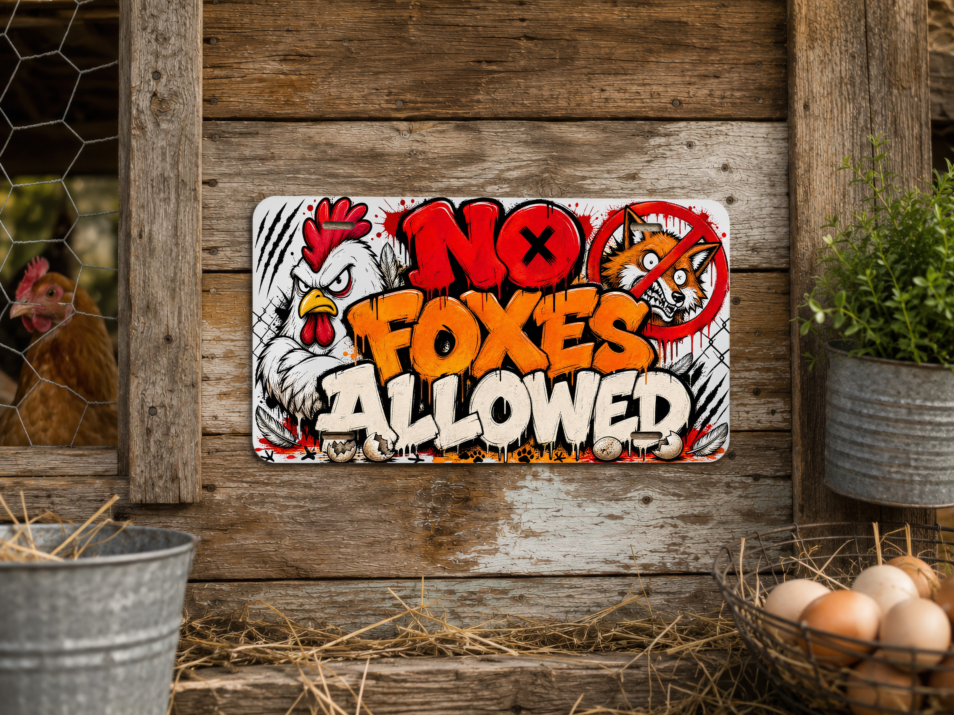 Horizontal chicken coop license plate with a No Foxes Allowed message, illustrated chicken and fox, and a red prohibition symbol.