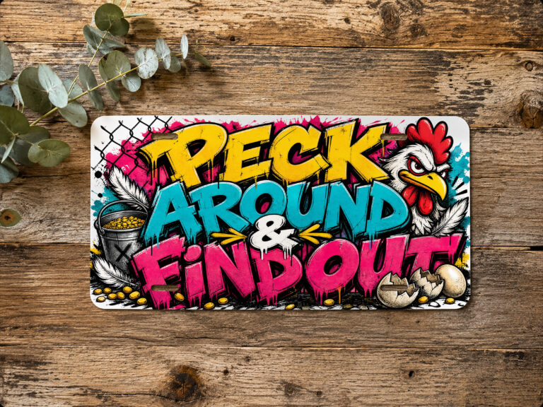 Featured funny chicken license plate with a graffiti-style chicken-themed graphic and Peck Around & Find Out phrase.