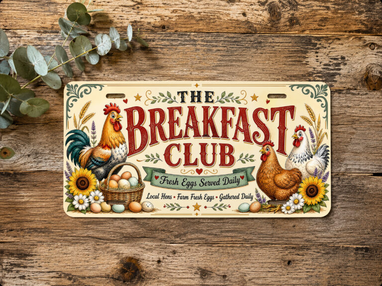 Farm fresh eggs license plate with illustrated chickens, eggs, flowers, and vintage-inspired farm-market wording.