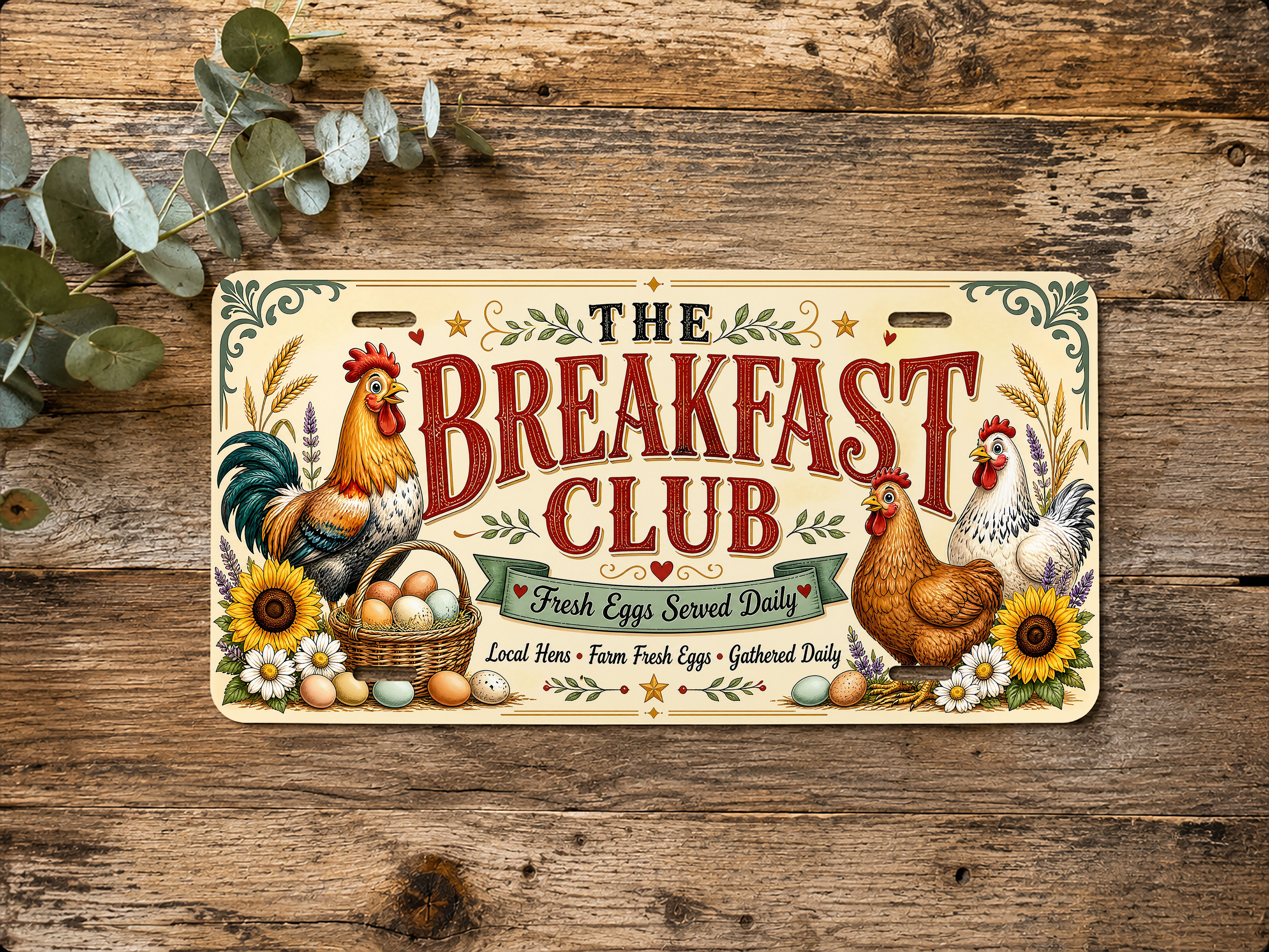 Farm fresh eggs license plate with illustrated chickens, eggs, flowers, and vintage-inspired farm-market wording.