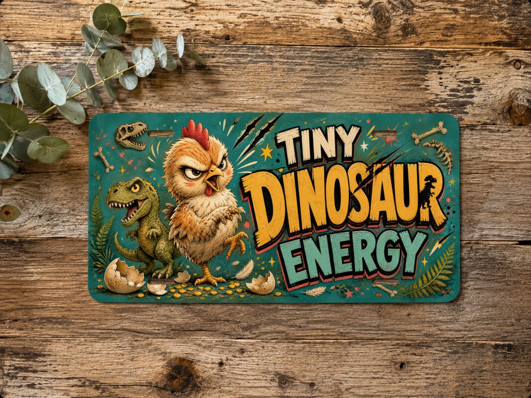 Funny chicken dinosaur vanity plate with a Tiny Dinosaur Energy chicken and T-Rex illustration on a teal background.
