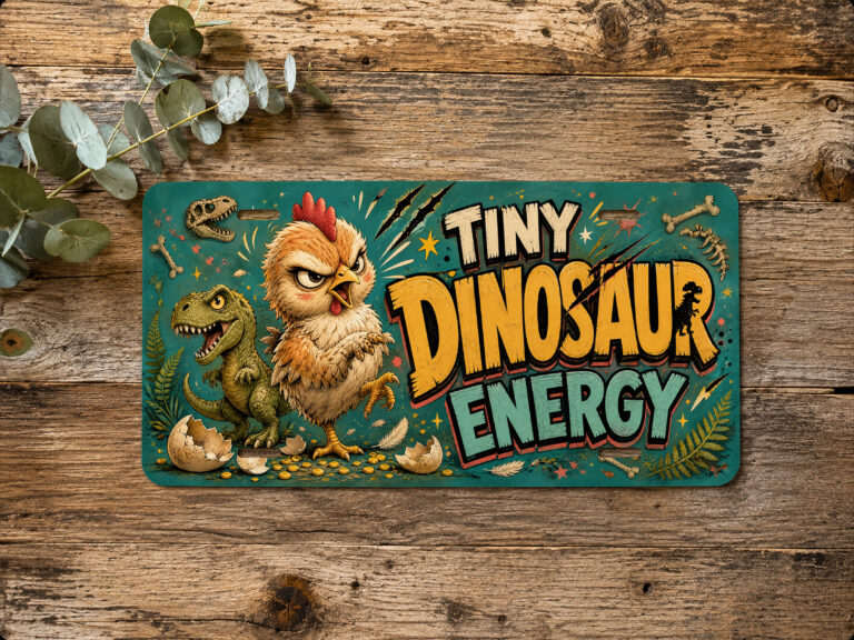 Funny chicken dinosaur vanity plate with a Tiny Dinosaur Energy chicken and T-Rex illustration on a teal background.