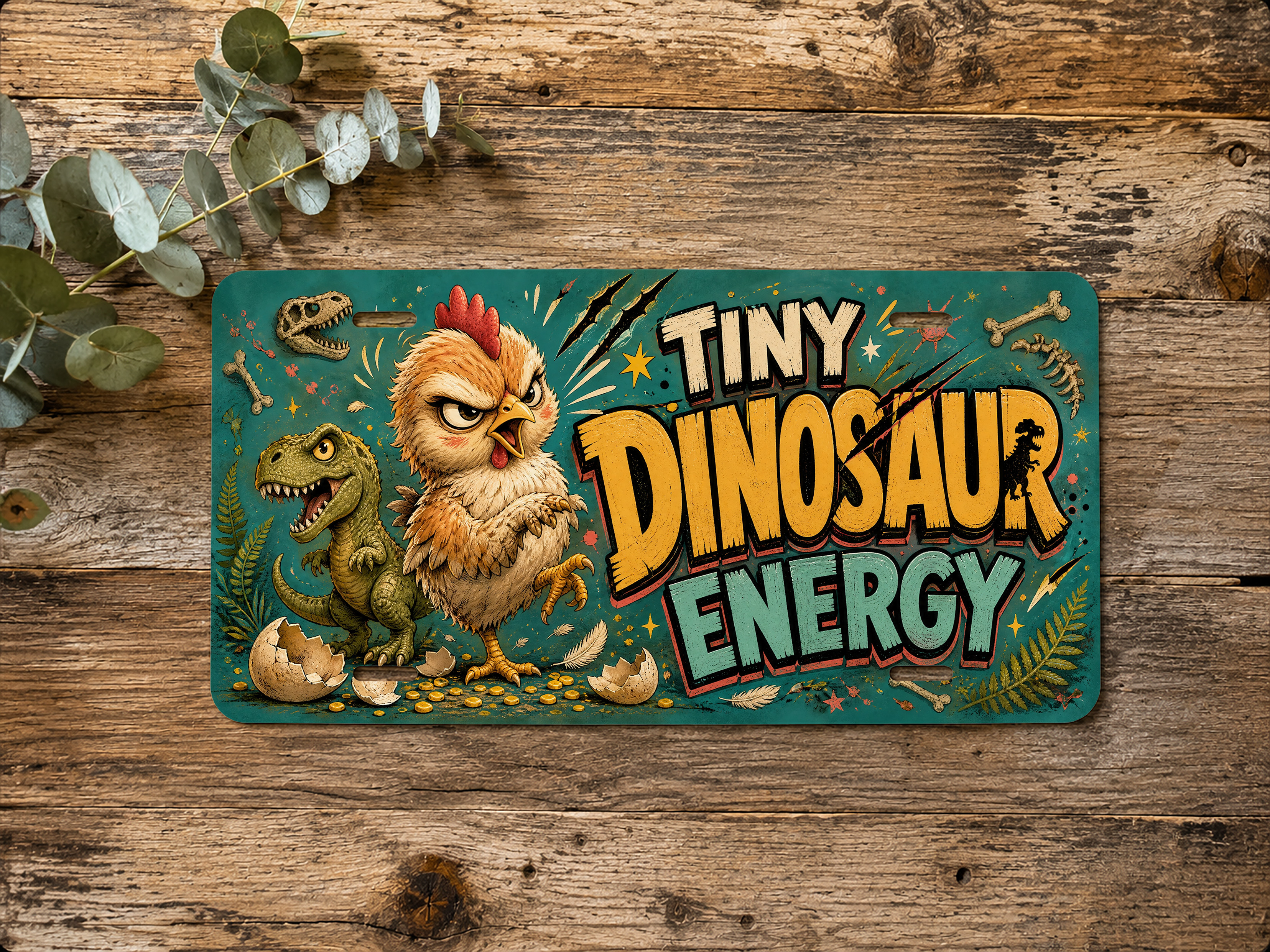 Funny chicken dinosaur vanity plate with a Tiny Dinosaur Energy chicken and T-Rex illustration on a teal background.