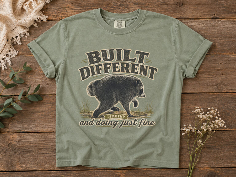 Featured image of a Jimothy raccoon shirt with vintage distressed artwork and BUILT DIFFERENT wording.