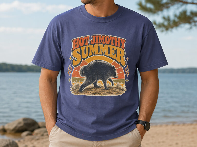 Person wearing a Hot Jimothy Summer raccoon shirt with a front-printed retro-style raccoon graphic.