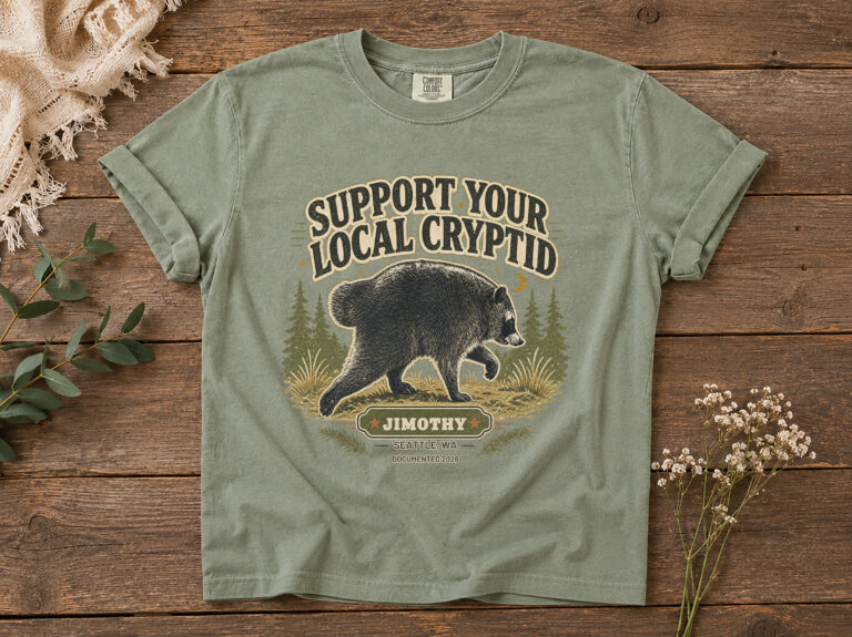 Featured muted green raccoon cryptid t-shirt mockup with a vintage-style front graphic.