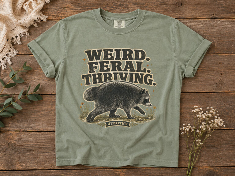 Featured mockup of a weird feral thriving raccoon shirt on a wooden-plank backdrop.