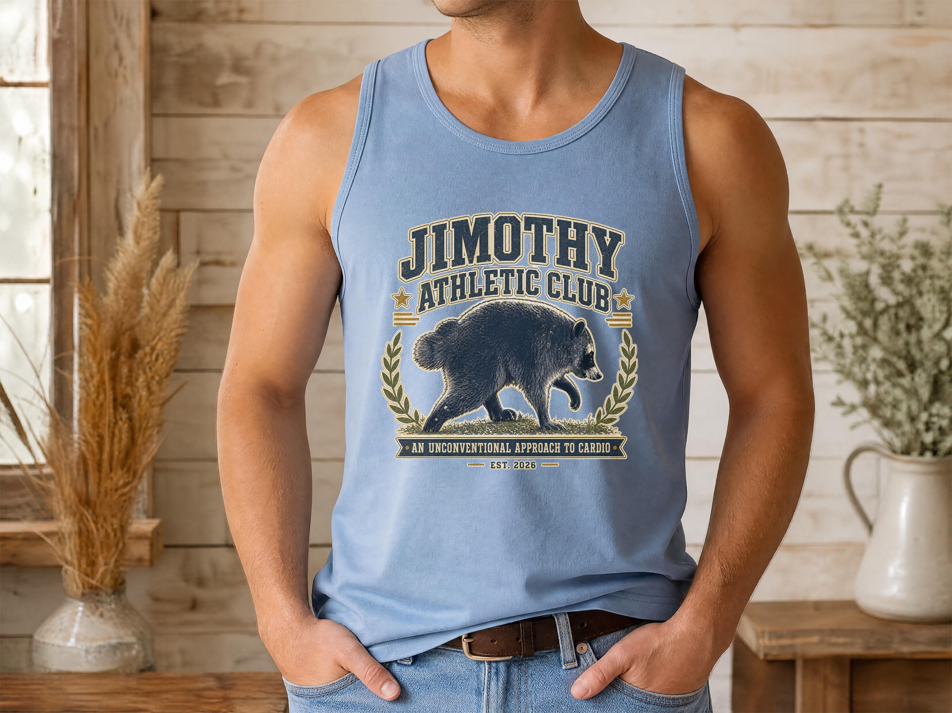 Featured mockup of a person wearing a muted blue raccoon workout tank top with a front print.