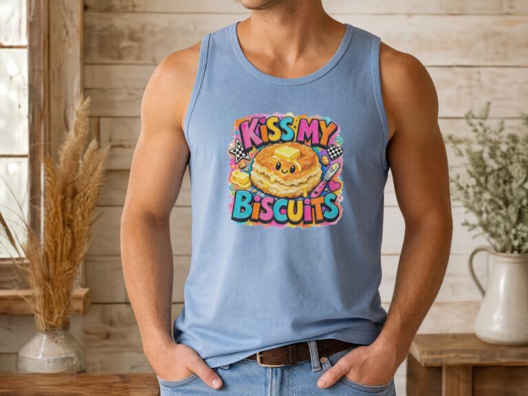 Featured image showing an informational card on a wood surface for the Kiss My Biscuits tank top.