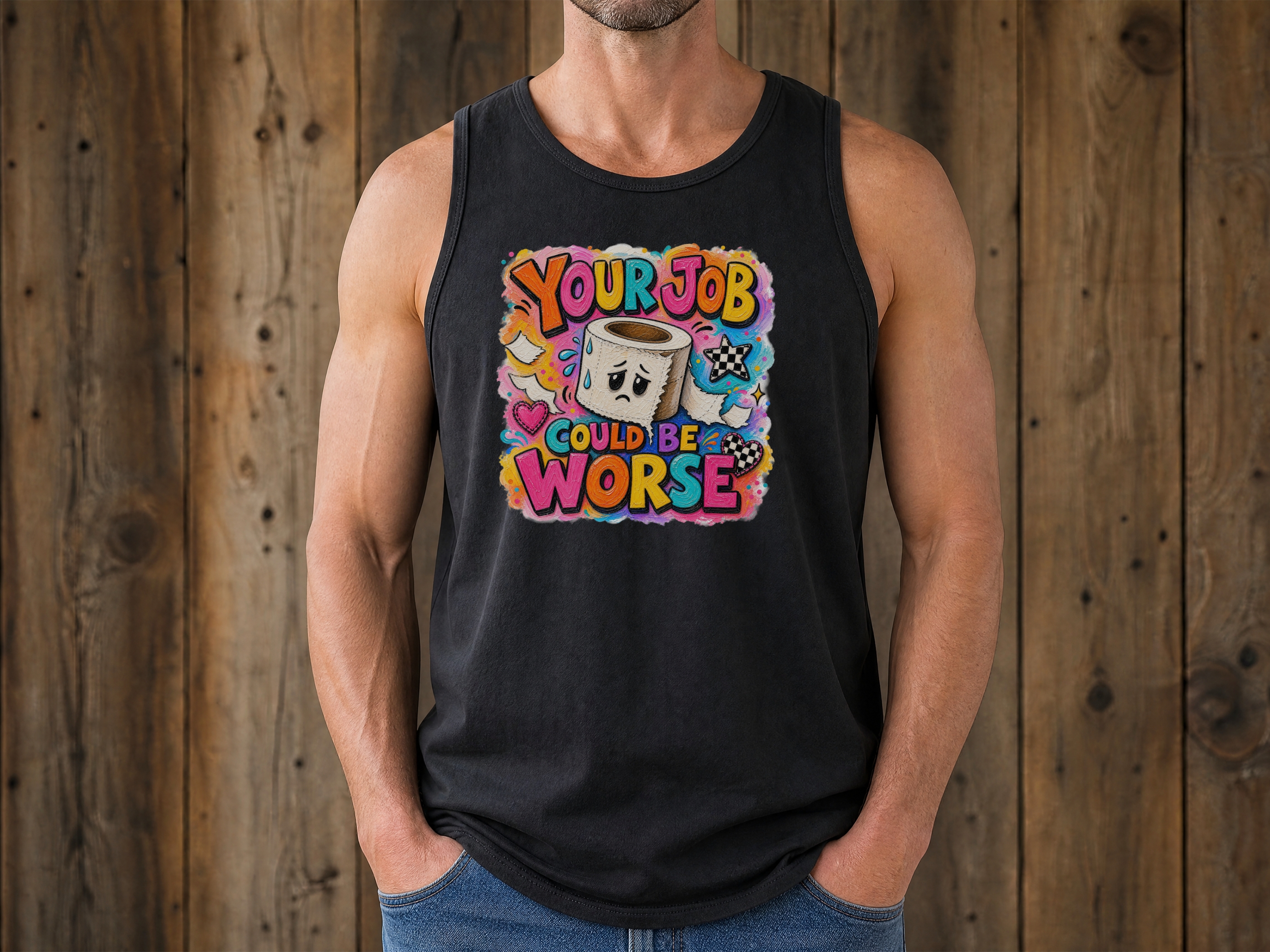 Flat-lay of a funny work tank top with a colorful toilet paper illustration and job-humor phrase on a dark wood surface.