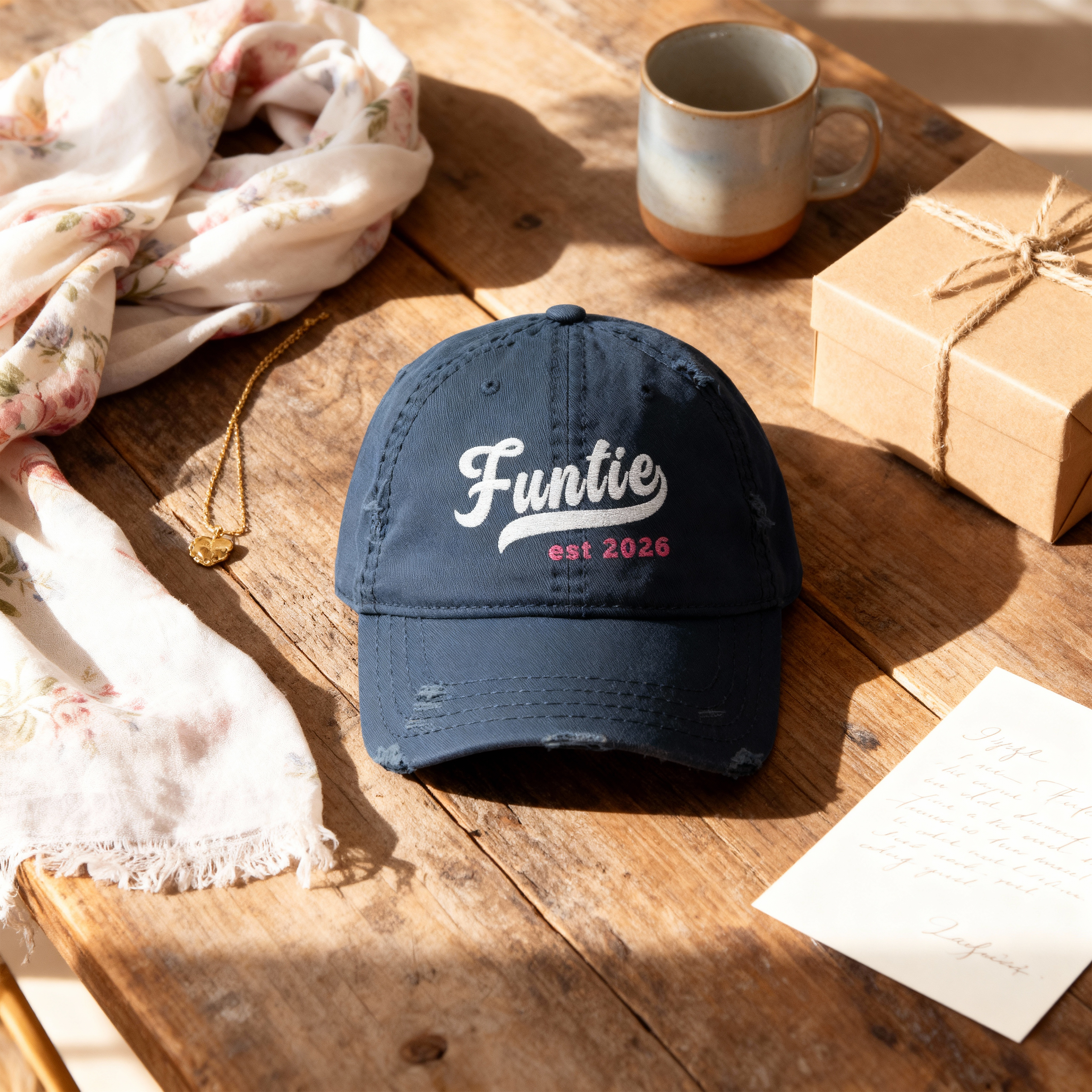 Personalized Funtie hat with front embroidery, displayed on a wooden table beside a mug, wrapped box, fabric, necklace, and card.